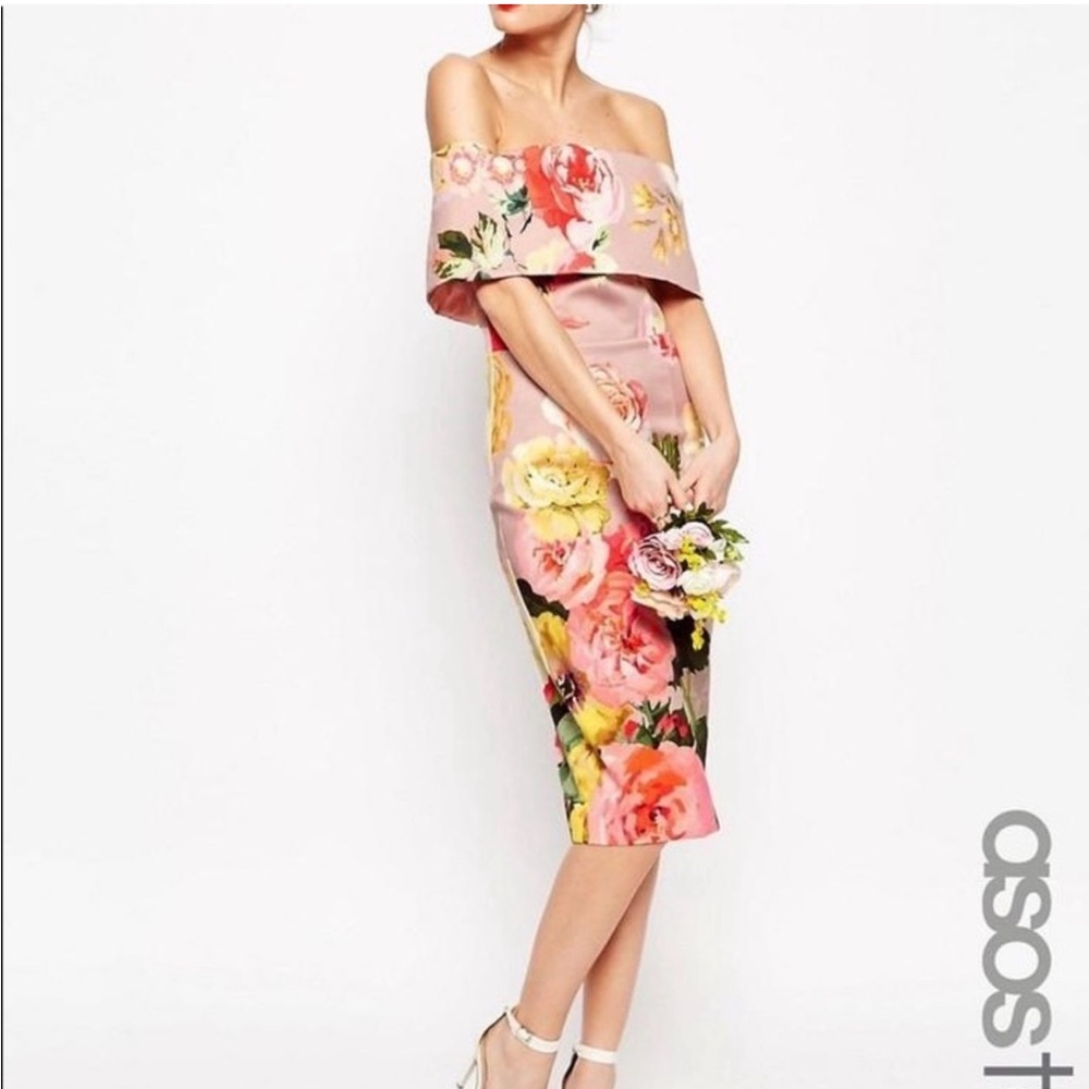 ASOS Floral Off-Shoulder Midi Dress - Pink and Yellow